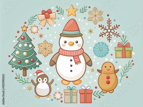 Minimalist Christmas Greetings Cards Featuring Cute Penguin, Snowman, Gingerbread, Christmas Tree, Gift Boxes,