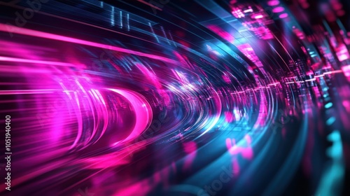 Abstract digital art with neon blue and pink light streaks, resembling a futuristic tunnel.