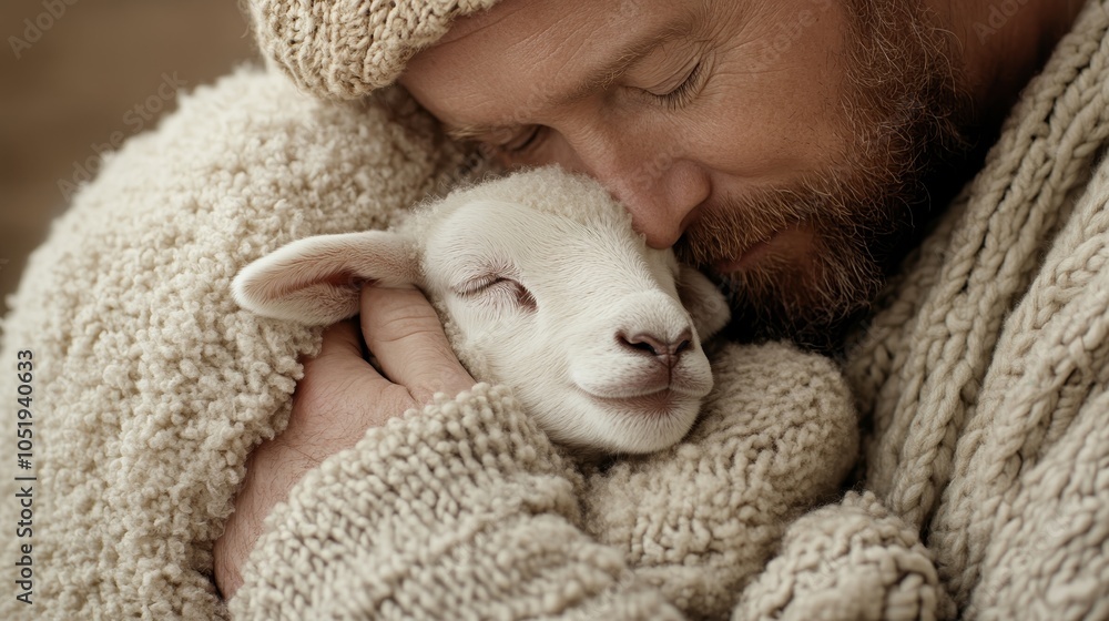 Farmer holding a small lamb against their chest, with the lamb face nestled close, photorealistic Farmer holding a small lamb against their chest, with the lamb face nestled close, photorealistic