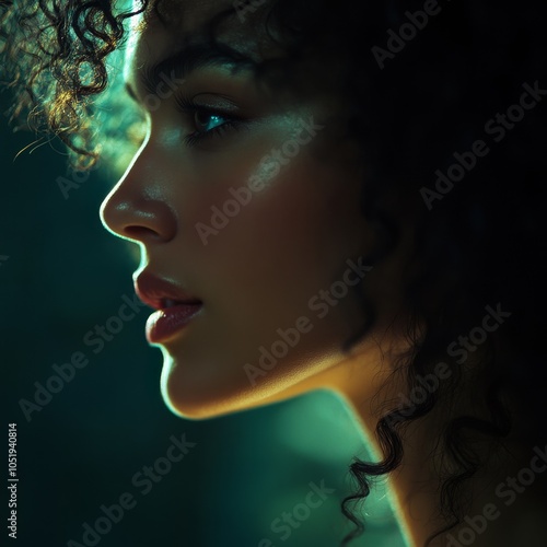 Captivating portrait of a young woman with luminous skin and curly hair framed by soft light and shadows in a dreamy atmosphere