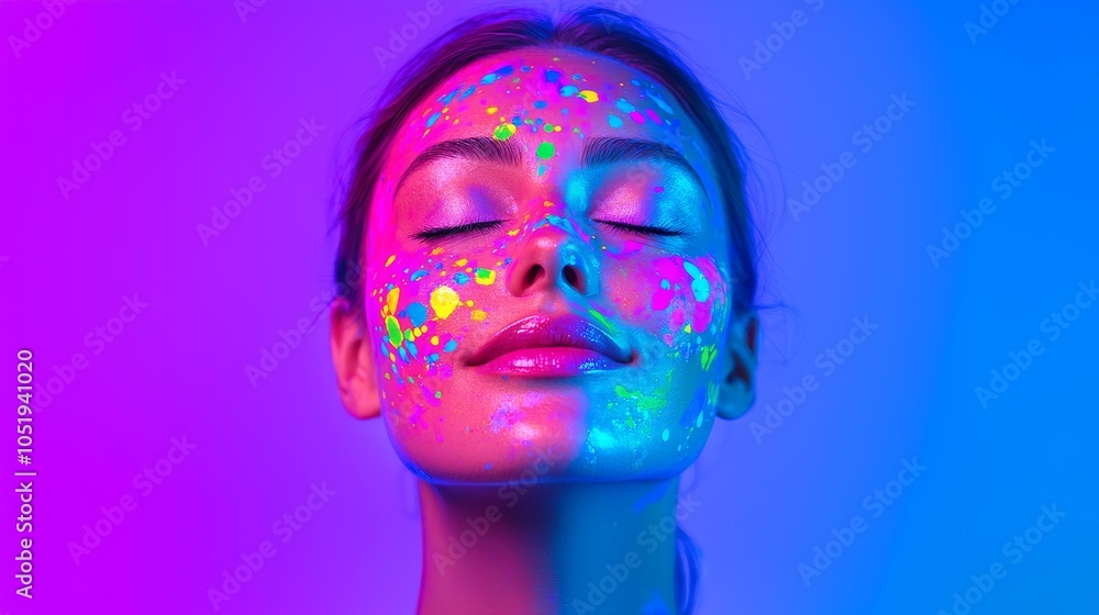 Vibrant neon glow a stunning portrait of a woman with colorful face paint illuminated in electric hues Vibrant neon glow a stunning portrait of a woman with colorful face paint illuminated in electric hues