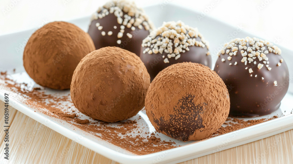 A plate of decadent chocolate truffles, coated in cocoa powder and chocolate, garnished with nuts, perfect for dessert lovers. A plate of decadent chocolate truffles, coated in cocoa powder and chocolate, garnished with nuts, perfect for dessert lovers.
