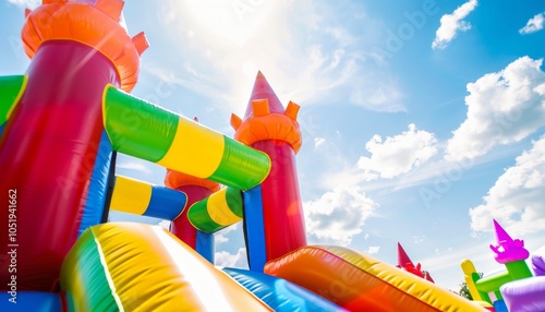 Rainbow Delight: A Vibrant Castle Bounce House at the Park