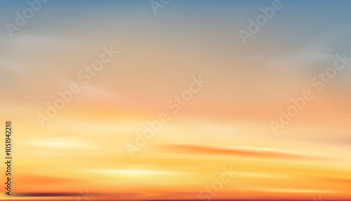 Autumn Sunset Sky background,Winter orange sunlight over beach in evening,Vector nature summer sunrise yellow sky and cloud  in morning, illustration cartoon Horizon Spring landscape sundown over sea 