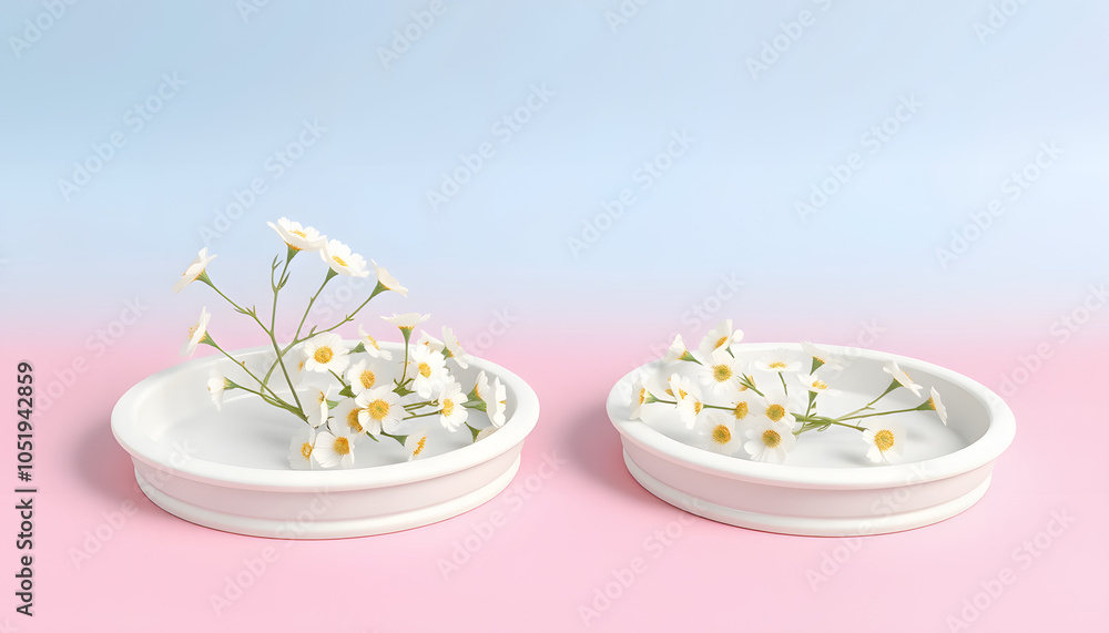 Plaster oval trays with gypsophila flowers on blue pink background isolated with white highlights, png Plaster oval trays with gypsophila flowers on blue pink background isolated with white highlights, png