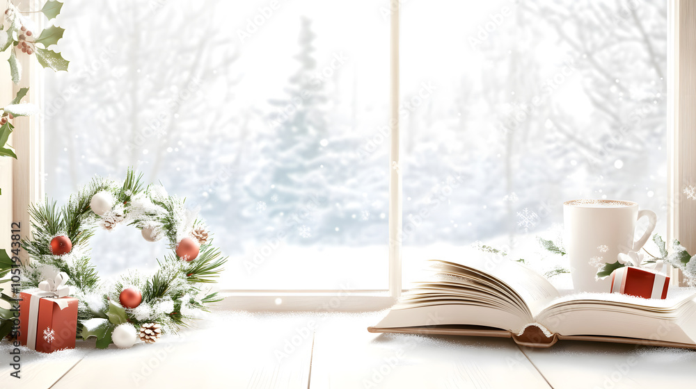 A cozy winter scene of a snowy window with an open book a warm drink and festive christmas decorations to embrace the holiday spirit A cozy winter scene of a snowy window with an open book a warm drink and festive christmas decorations to embrace the holiday spirit