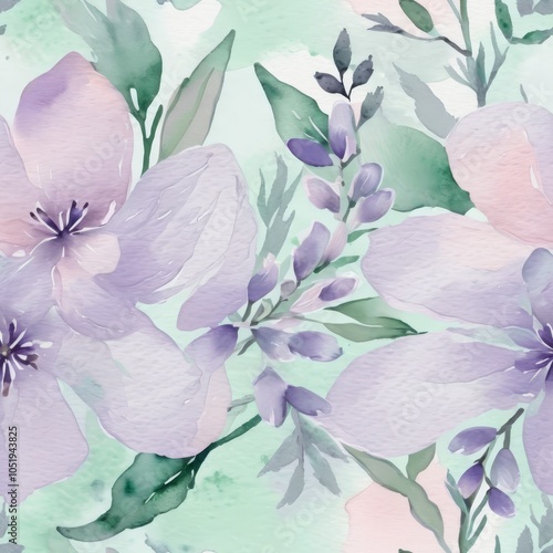 Seamless Watercolor Floral Background in Pastel Lavender, Soft Pink, and Mint Colors