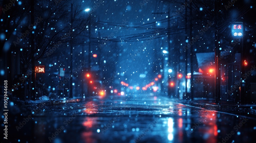 A rainy night scene with glowing lights and falling snow. A rainy night scene with glowing lights and falling snow.