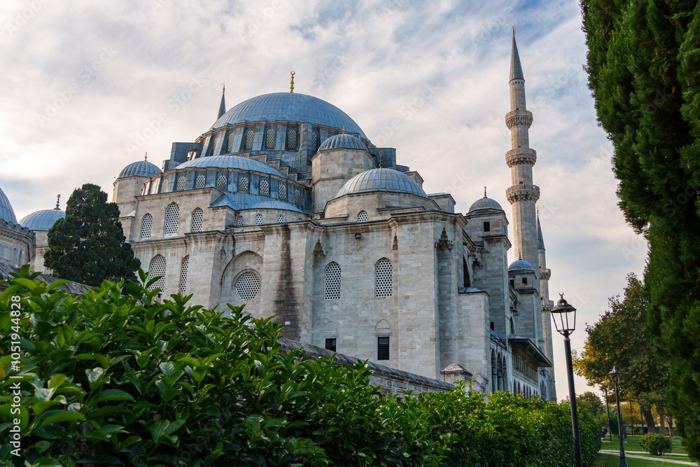 Fototapeta premium Suleymaniye Mosque against the background of a blue sky, the architecture of the Islamic religion, Istanbul, Turkey