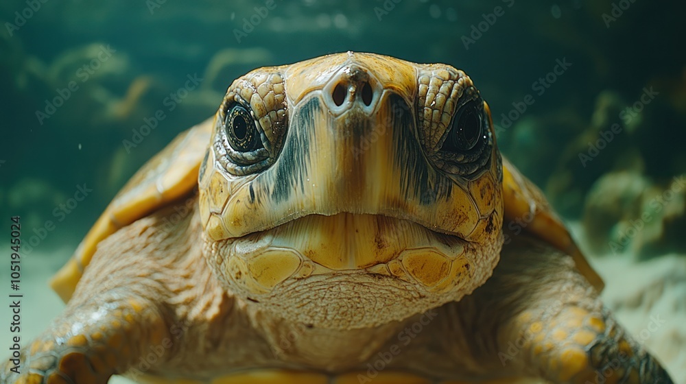 Fototapeta premium Close-up Portrait of a Sea Turtle in Underwater Environment