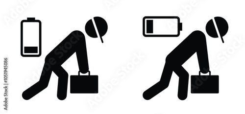 Burnout, work icon. Life energy. Stickman with low battery level. Brain with fire. Having problems on work, emotional stress, unhappy, psychology pressure, difficult life or in job. Stressed concept.