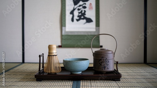 A traditional Japanese tea ceremony set with a tea whisk, bowl, and teapot on a wooden tray. photo