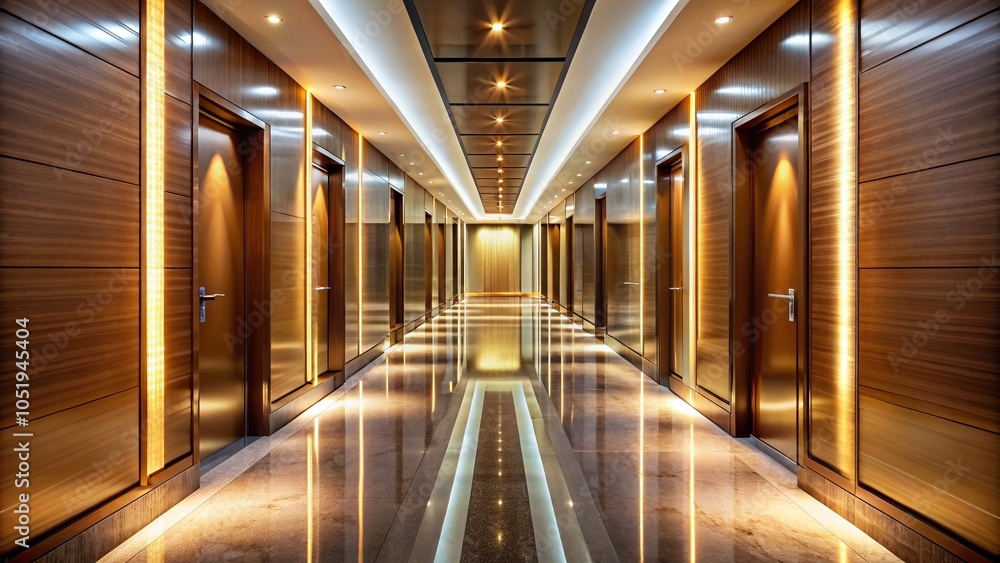 Modern Hotel Corridor with Reflective Polished Floors and Minimalist Design for Contemporary Architecture Photography Modern Hotel Corridor with Reflective Polished Floors and Minimalist Design for Contemporary Architecture Photography