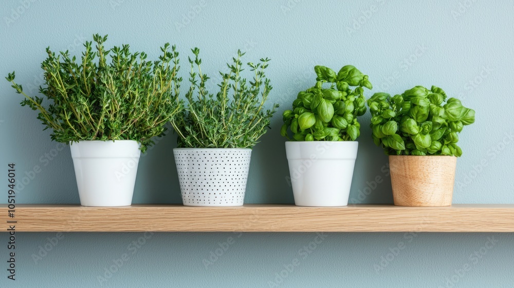 A modern shelf displays four beautiful potted herbs, showcasing vibrant greens against a soft blue wall, perfect for kitchen decor or gardening enthusiasts. A modern shelf displays four beautiful potted herbs, showcasing vibrant greens against a soft blue wall, perfect for kitchen decor or gardening enthusiasts.