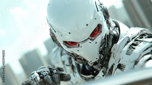 An intensely designed robot with a steel demeanor and glowing red eyes, signifying advanced robotic intelligence, vigilance, and digital consciousness in a tech-dominated world. photo