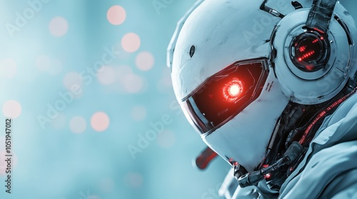 A side profile of a high-tech robot with a striking red eye, exemplifying cutting-edge technology and sleek design in a sci-fi themed atmosphere. photo