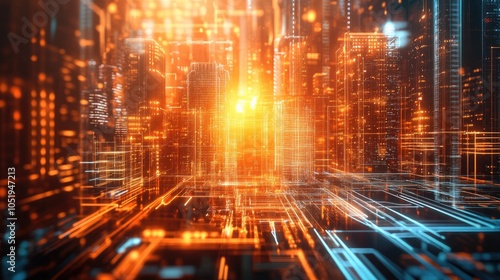 Brightly glowing buildings in a futuristic cityscape, representing technological progress and scientific breakthroughs