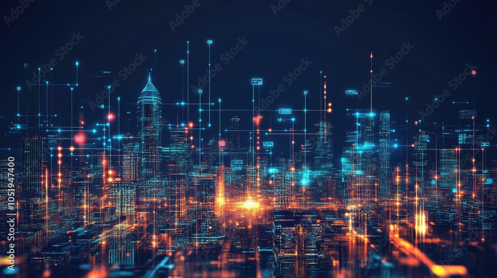 Fototapeta premium Brightly glowing buildings in a futuristic cityscape, representing technological progress and scientific breakthroughs