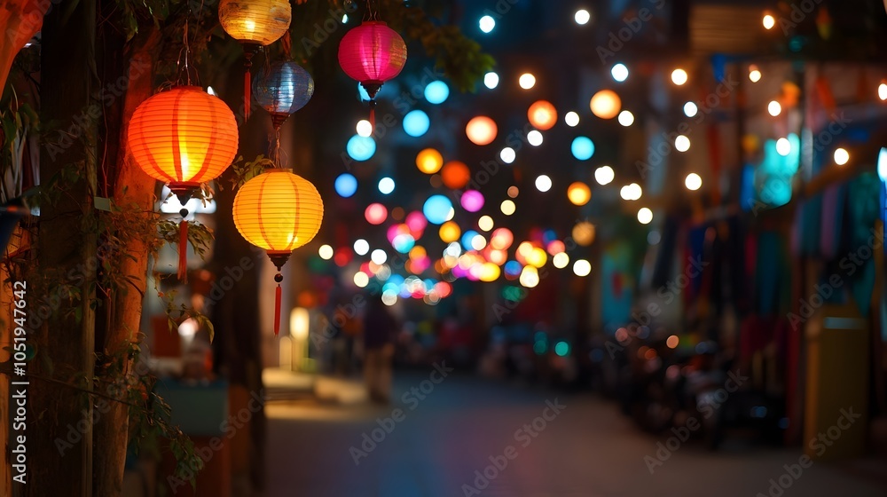 Vibrant Festival of Lights with Colorful Lanterns Lining a Lively Street at Night Vibrant Festival of Lights with Colorful Lanterns Lining a Lively Street at Night