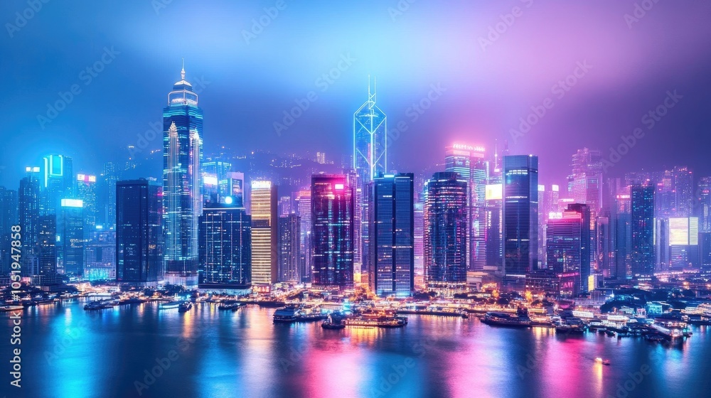 Fototapeta premium Futuristic city at night with neon-lit buildings, symbolizing the advancements in science and high-tech innovation