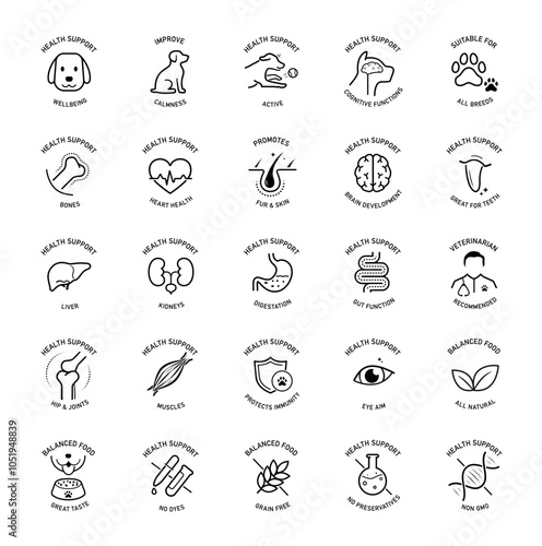Icon set components of a dog's health. The main advantages from a balanced food or supplement. Each icon is designed with lines and a modern aesthetic, making them perfect for pet health products. EPS