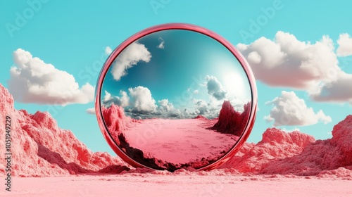 A large reflective sphere mirrors a serene pink desert landscape under a bright sky with fluffy clouds, evoking a sense of surreal cosmic exploration and peace. photo