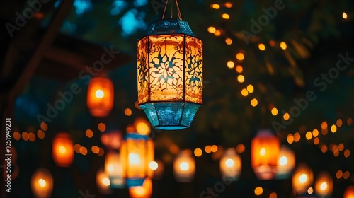 Glowing Decorative Lanterns Illuminating a Magical Festival of Lights Ambiance at Night photo