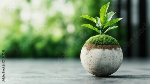 An inspirational image of a small plant emerging from a moss-covered stone sphere, symbolizing renewal, growth, and the persistence of life in all forms. photo