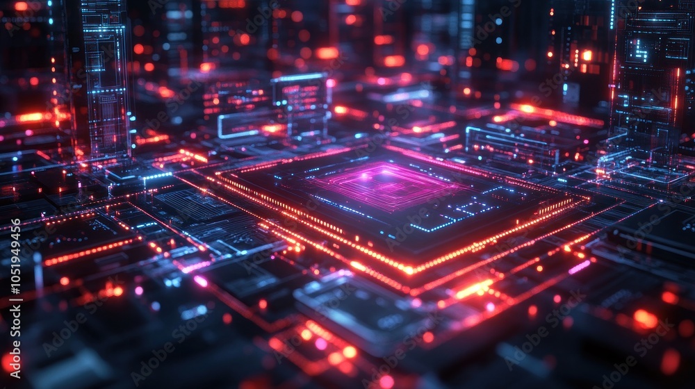 Futuristic digital circuit board with glowing elements.