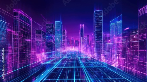 Neon-lit buildings in a futuristic skyline, capturing the vision of a technologically advanced and science-driven city photo