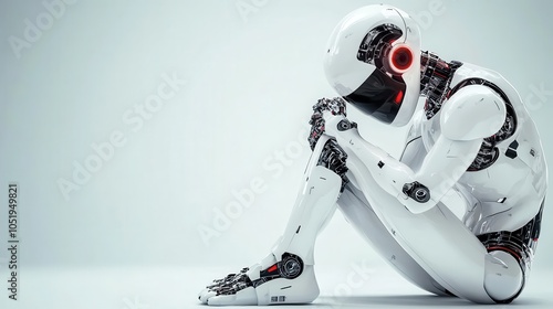 A solitary robot sits in contemplation, its futuristic design showcasing advanced technology and humanoid features, evoking emotions of introspection and solitude.