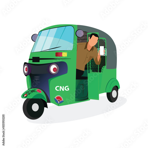 A rickshaw puller showing his phone from his auto rickshaw, Indian Auto Rickshaw