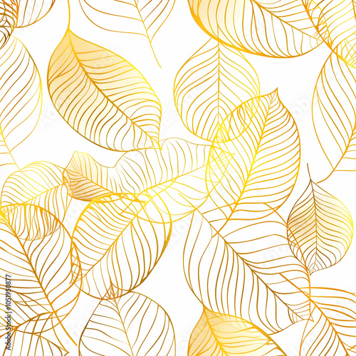 gold and white line art pattern with large scale leaves, elegant, seamless, white background, detailed, seamless lines photo