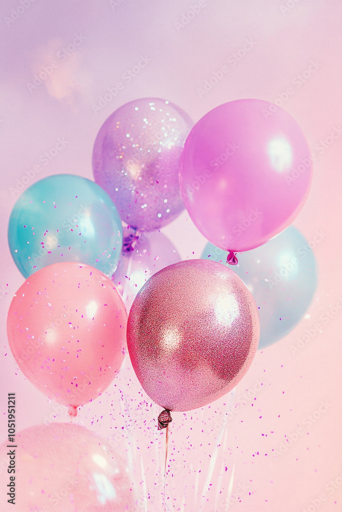 A bunch of colorful balloons with glittery pink ones in the middle. The balloons are scattered around and some are floating in the air. The image conveys a festive and celebratory mood A bunch of colorful balloons with glittery pink ones in the middle. The balloons are scattered around and some are floating in the air. The image conveys a festive and celebratory mood
