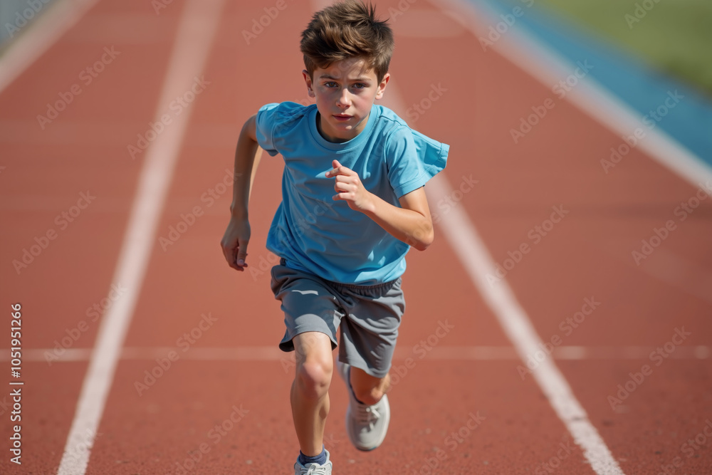 Obraz premium young boy wearing a light blue shirt and gray shorts running energetically on a red track with a blurred background of stadium seats and greenery