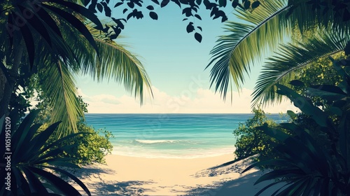 Tropical Beach Scene Featuring Palm Leaves and a Serene Atmosphere