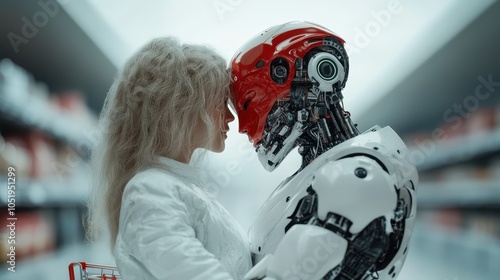 In an emotionally charged moment, a humanoid robot and a human stand close, exploring themes of connection, empathy, and the intersection of technology and humanity. photo