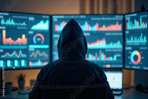 person with their back to the camera wearing a dark hoodie sitting in front computer monitors displaying various colorful data photo