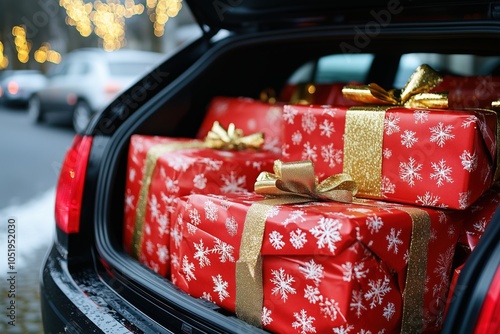 The back of a black car is open, revealing a full trunk of wrapped Christmas gifts with red paper and gold ribbons. 