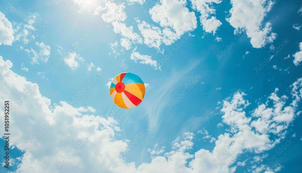 Fototapeta premium Skyward Beach Ball: A Surreal Exploration -ar 7:4
