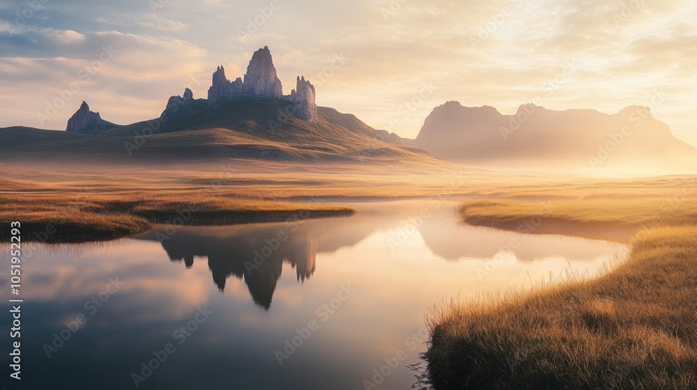 Obraz premium A serene sunrise over a misty mountain lake with a dramatic mountain range in the background.