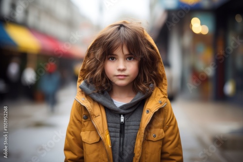 Portrait of a cute little girl in a yellow coat on the street