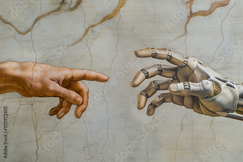 A cyborg finger touching a human finger, modern remake of The Creation of Adam. Technology meets humanity, biology vs technology. Machine learning, AI progress, big data, digital Interface