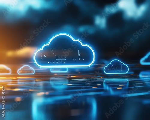 Futuristic hologram of cloud service with multiple devices syncing, neon blue highlights, cloud technology hologram, multidevice sync photo