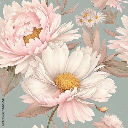 Seamless Soft Floral Design with Daisies and Peonies in Muted Pastel Tones