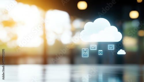 Floating hologram of cloud storage with syncing icons between devices, hightech digital glow, cloud sync hologram, multidevice connectivity photo