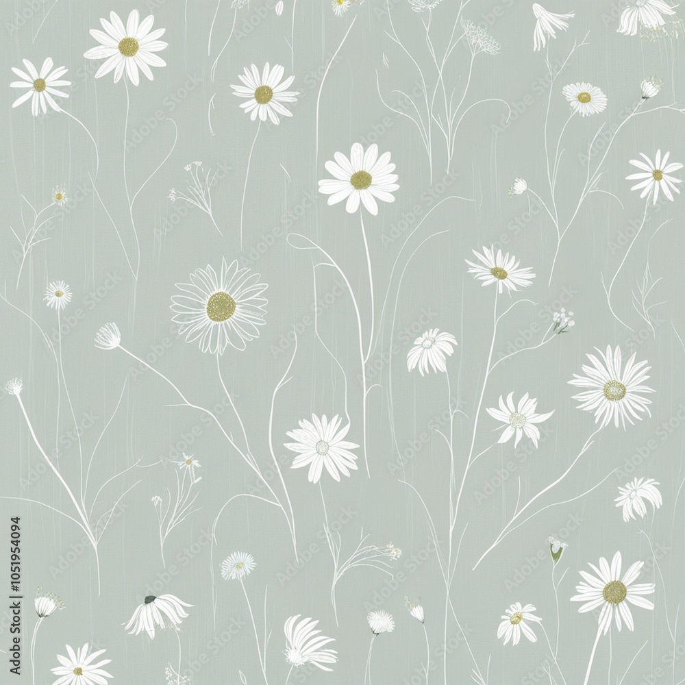 Fototapeta premium Simple line art of wildflowers in white on a pastel blue background for a minimalist botanical design.
