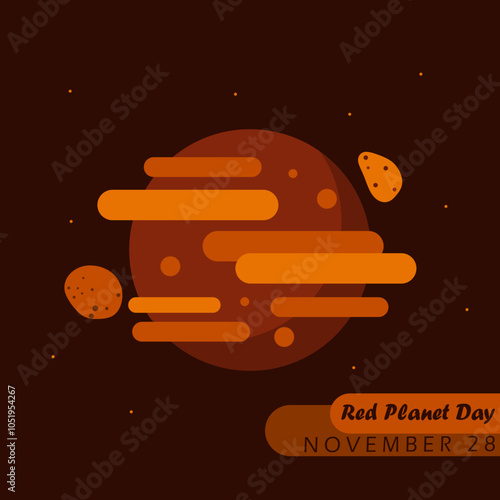Red Planet Day to celebrate on November 28th. Illustration of the Red planet or Mars with its moons Phobos and Deimos on dark brown background. Science event banner.