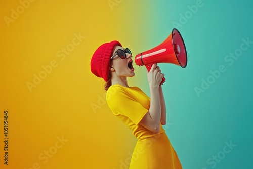 Woman holding a megaphone shouting background speaker. photo