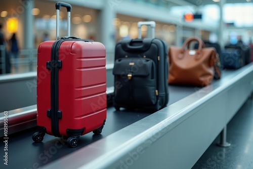 modern airport baggage claim area on the conveyor belt Background features blurred travelers and luggage